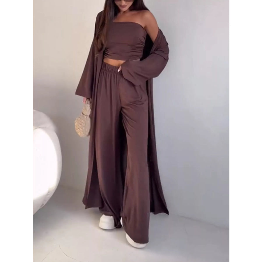 Chic Strapless Ruched Crop Top and Wide-Leg Pants with Cardigan 3-Piece Set Apparel and Accessories