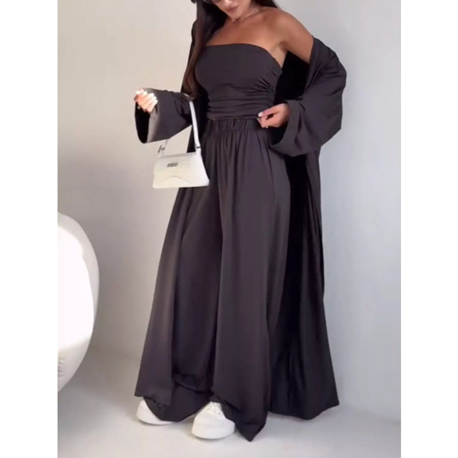 Chic Strapless Ruched Crop Top and Wide-Leg Pants with Cardigan 3-Piece Set Apparel and Accessories