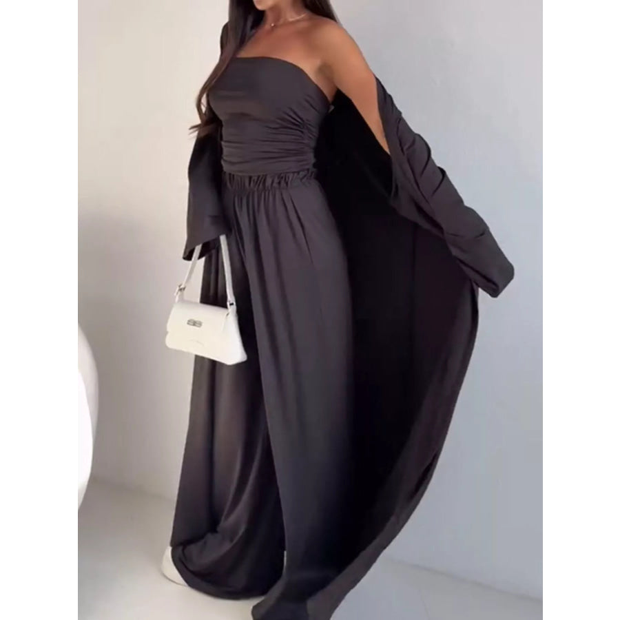 Chic Strapless Ruched Crop Top and Wide-Leg Pants with Cardigan 3-Piece Set Apparel and Accessories