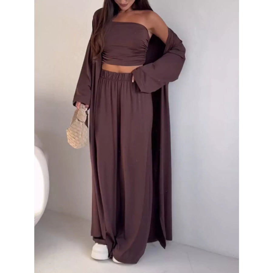 Chic Strapless Ruched Crop Top and Wide-Leg Pants with Cardigan 3-Piece Set Apparel and Accessories