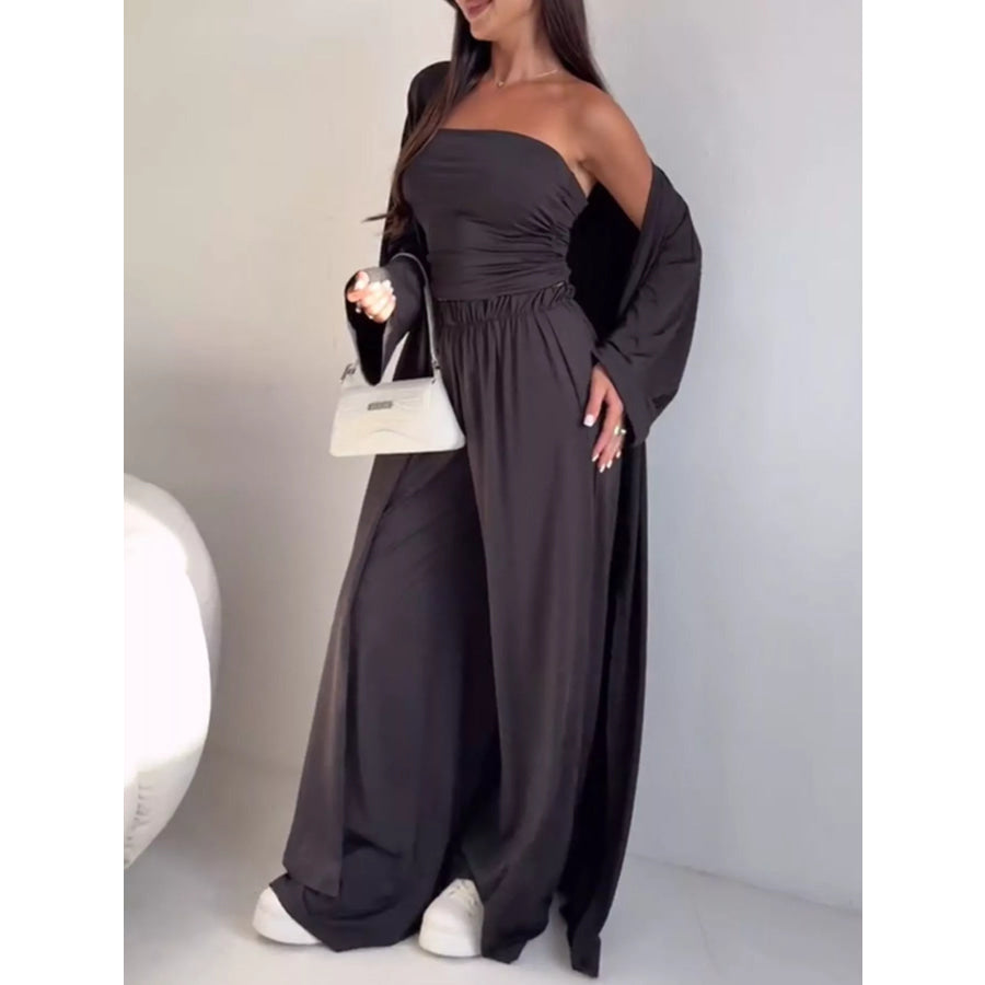 Chic Strapless Ruched Crop Top and Wide-Leg Pants with Cardigan 3-Piece Set Black / S Apparel and Accessories