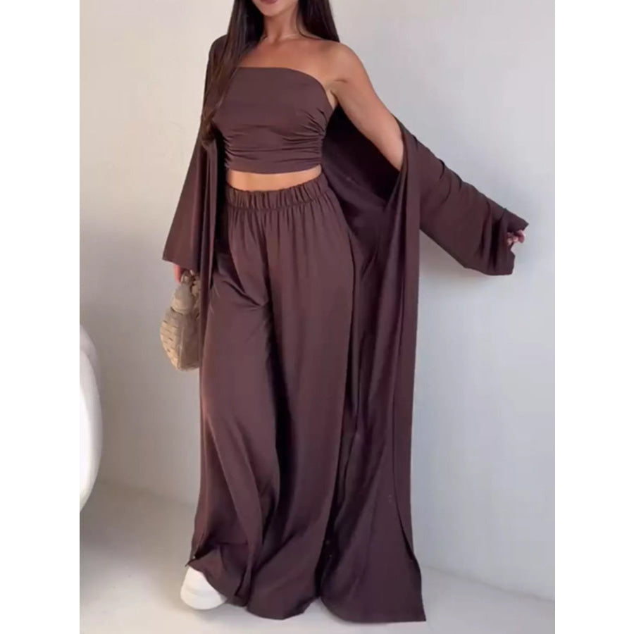 Chic Strapless Ruched Crop Top and Wide-Leg Pants with Cardigan 3-Piece Set Dark Brown / S Apparel and Accessories
