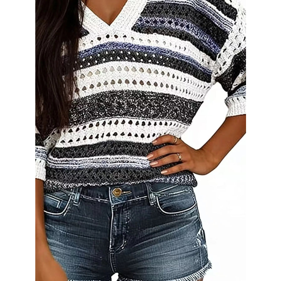 Chic Striped Crochet Knit Top Apparel and Accessories