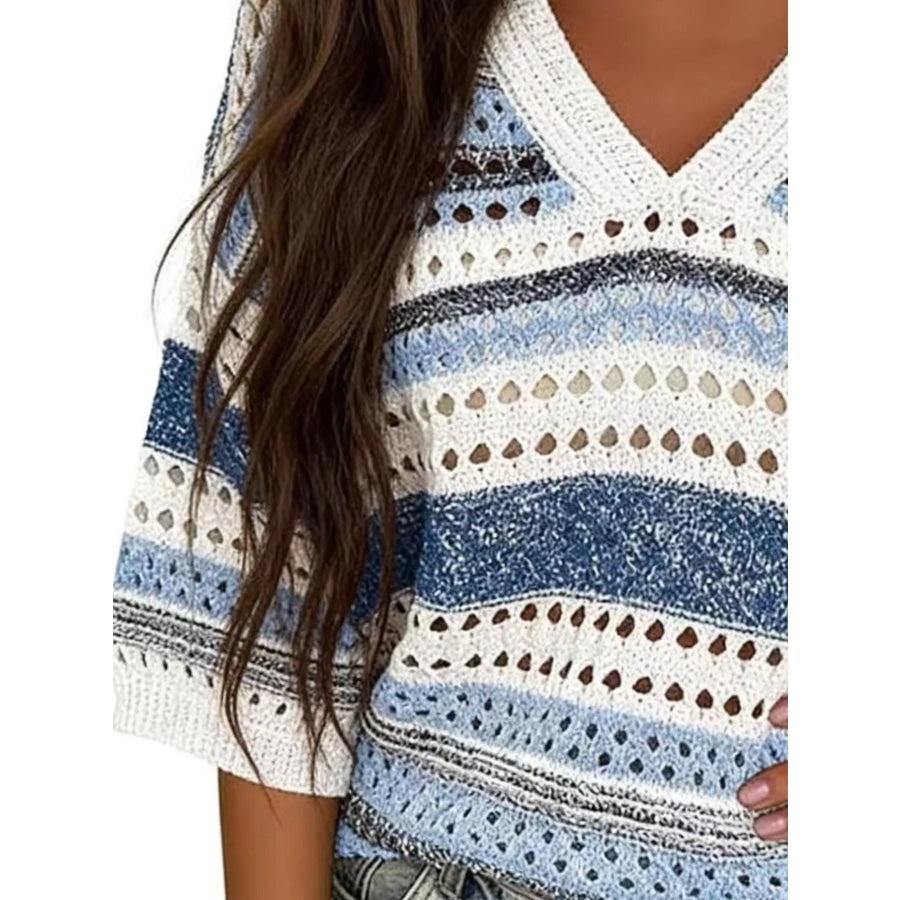 Chic Striped Crochet Knit Top Apparel and Accessories