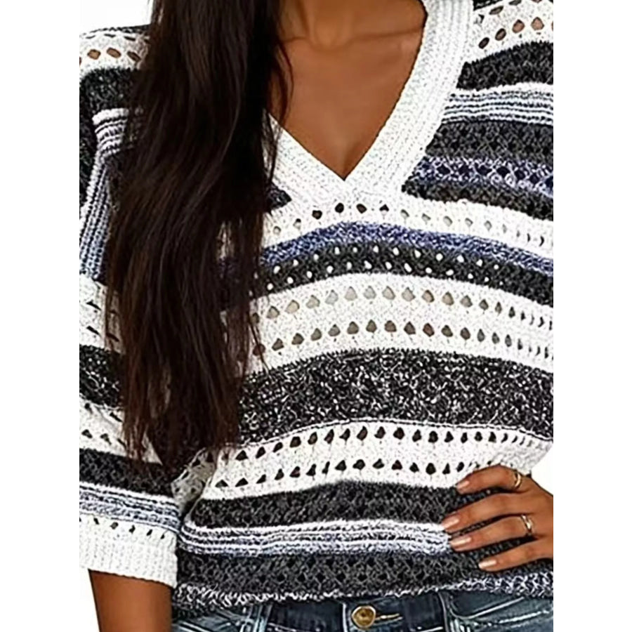 Chic Striped Crochet Knit Top Apparel and Accessories