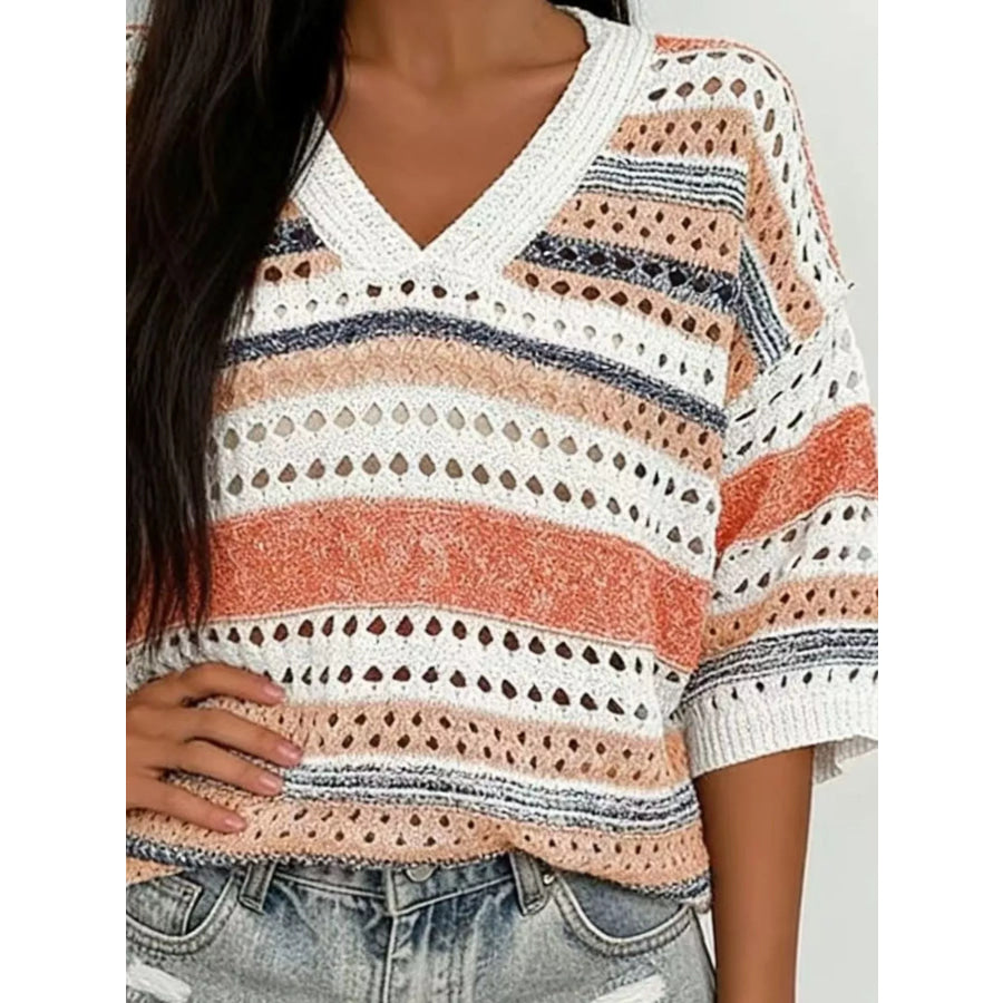 Chic Striped Crochet Knit Top Apparel and Accessories