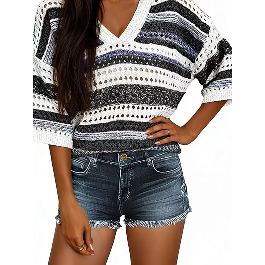 Chic Striped Crochet Knit Top Black Stripes / S Apparel and Accessories