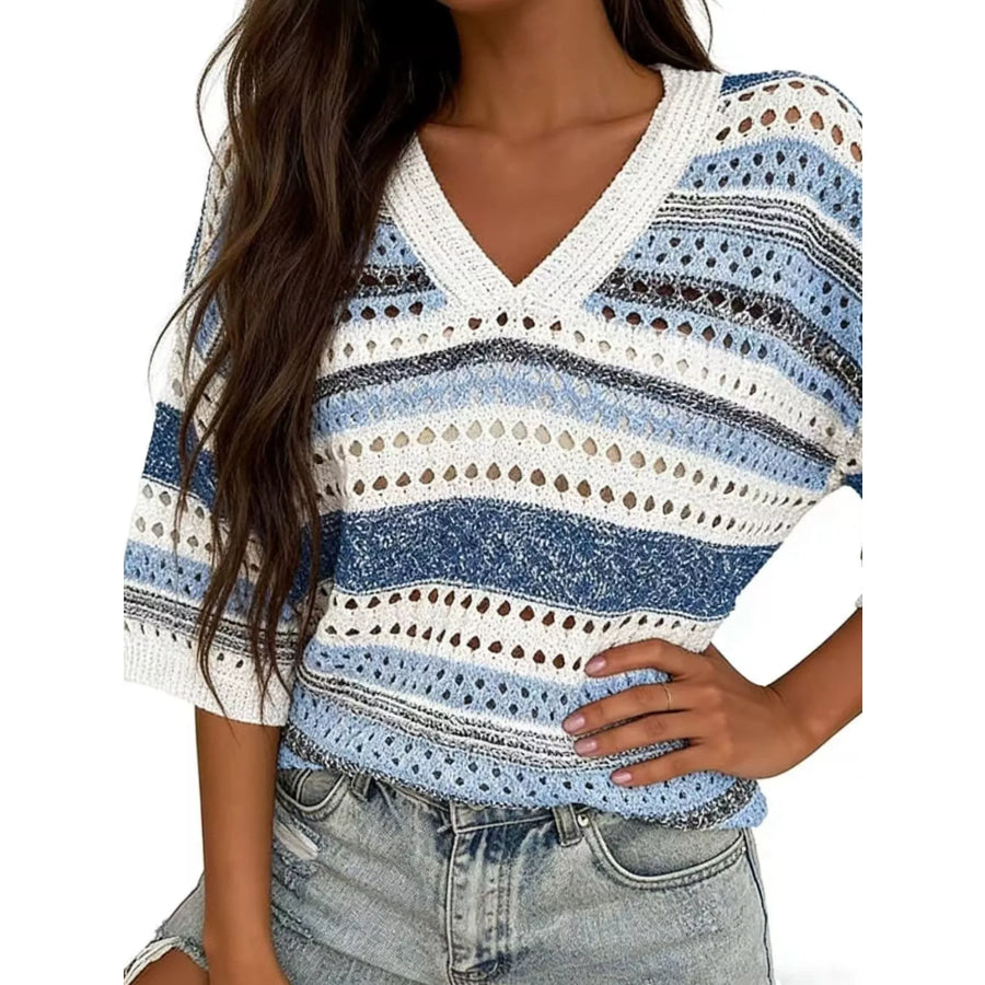 Chic Striped Crochet Knit Top Blue Stripes / S Apparel and Accessories