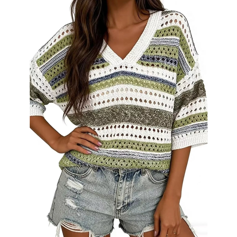 Chic Striped Crochet Knit Top Green Stripes / S Apparel and Accessories