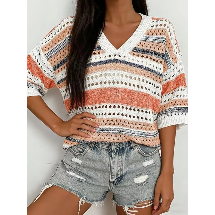Chic Striped Crochet Knit Top Orange Stripes / S Apparel and Accessories