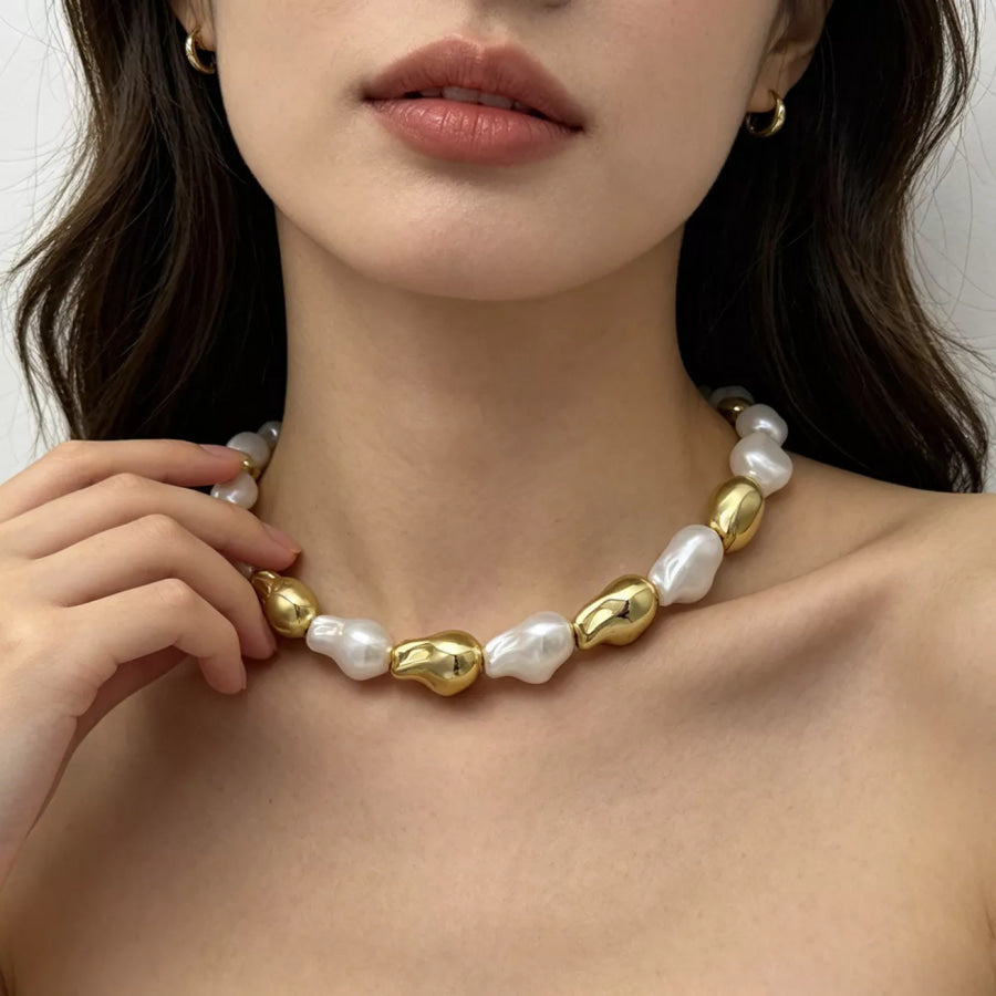 Chic Synthetic Pearl and Gold-Tone Metal Bead Statement Necklace Gold / onesize Apparel Accessories
