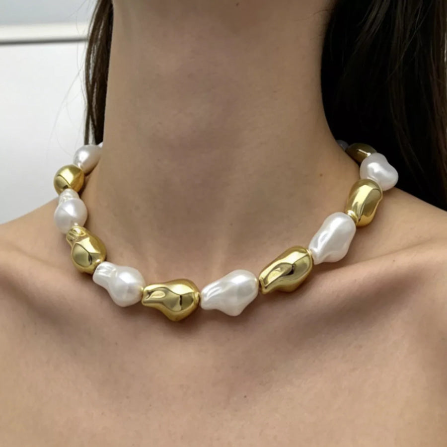 Chic Synthetic Pearl and Gold-Tone Metal Bead Statement Necklace Gold / onesize Apparel Accessories