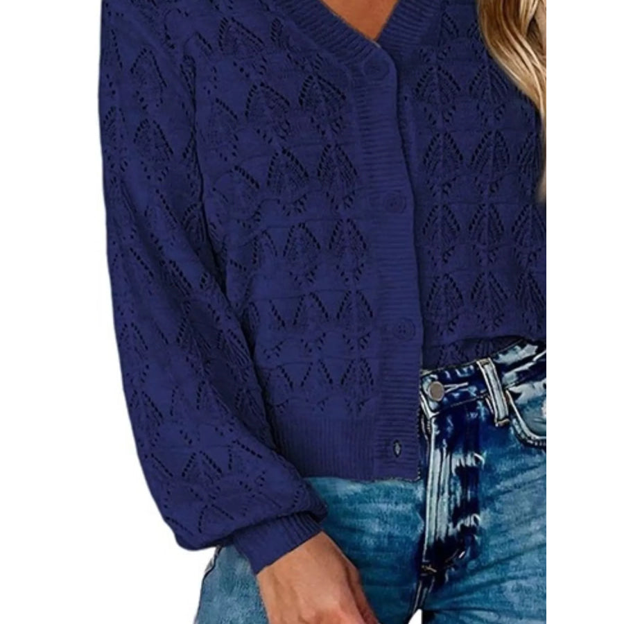 Chic V-Neck Openwork Button-Down Knit Cardigan Apparel and Accessories