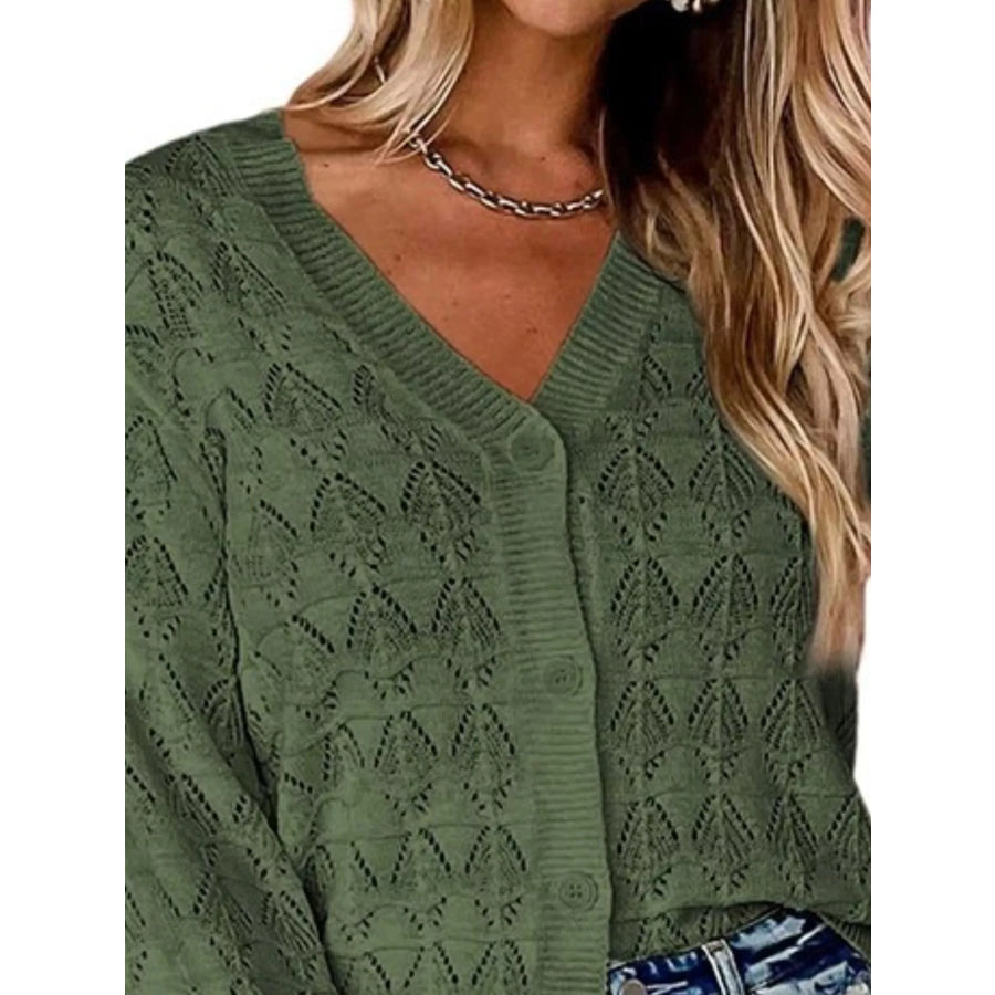 Chic V-Neck Openwork Button-Down Knit Cardigan Apparel and Accessories