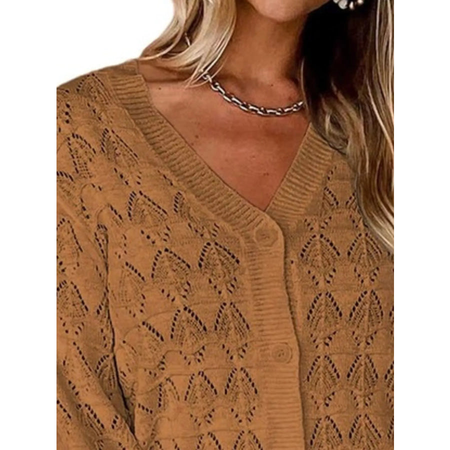 Chic V-Neck Openwork Button-Down Knit Cardigan Apparel and Accessories