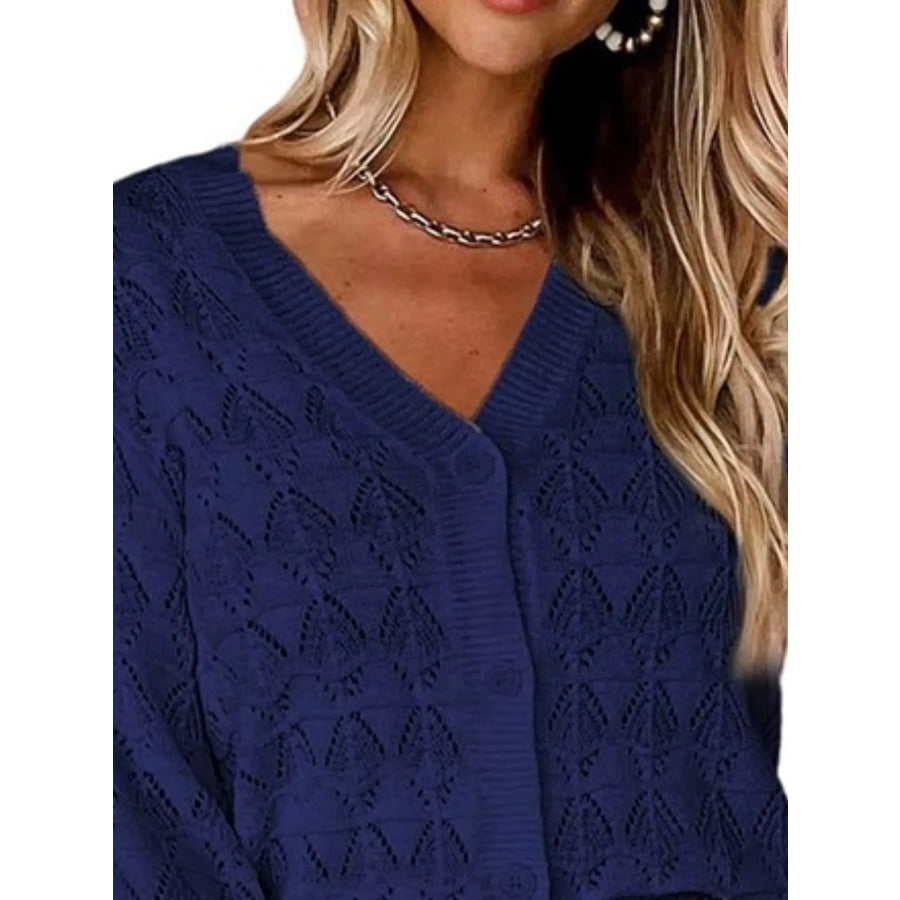 Chic V-Neck Openwork Button-Down Knit Cardigan Apparel and Accessories