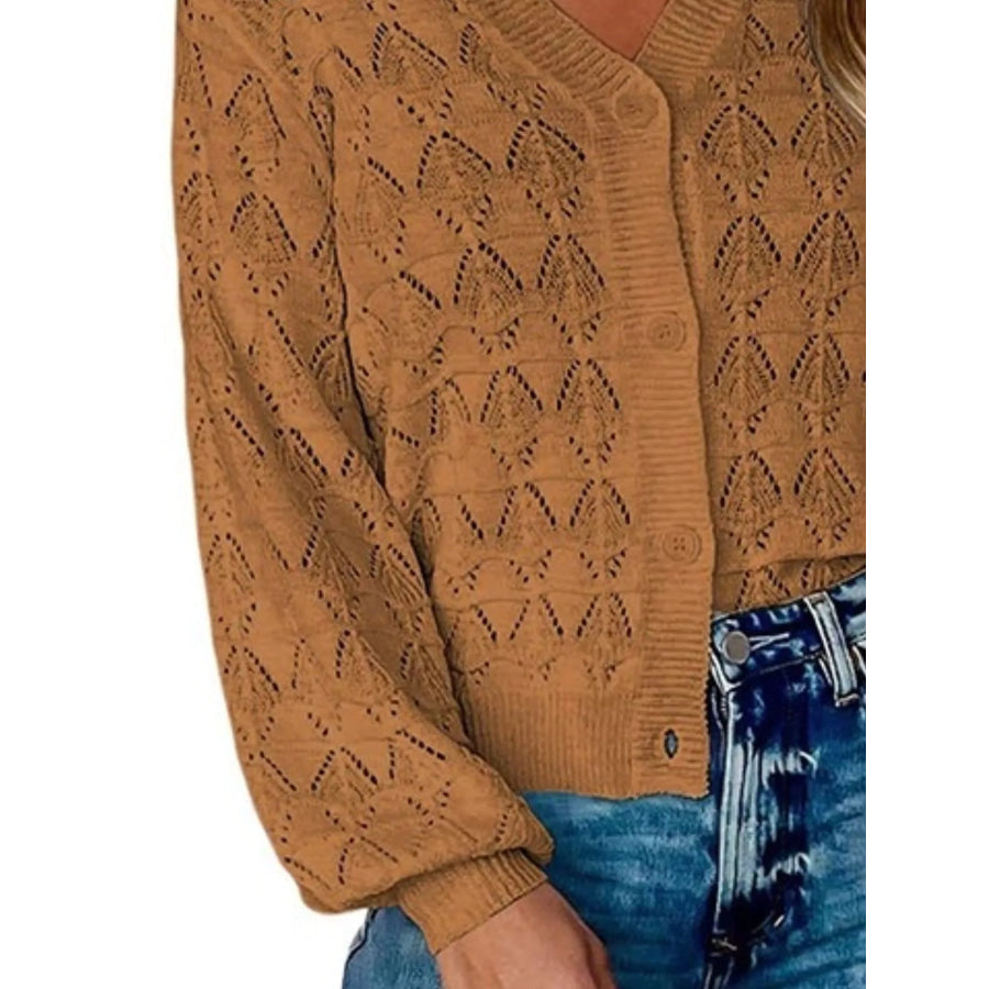 Chic V-Neck Openwork Button-Down Knit Cardigan Apparel and Accessories