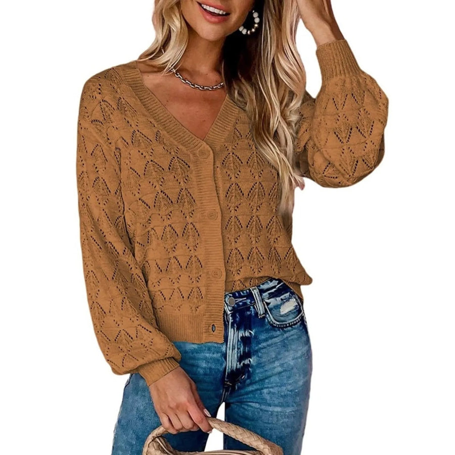 Chic V-Neck Openwork Button-Down Knit Cardigan Brown / S Apparel and Accessories