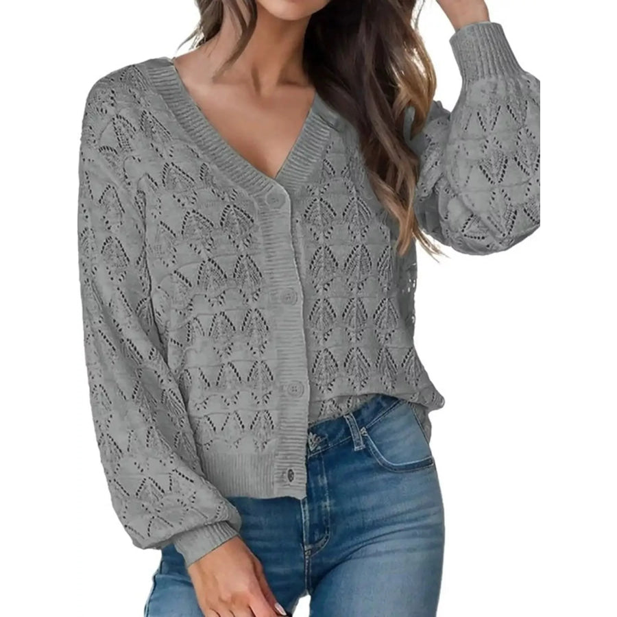 Chic V-Neck Openwork Button-Down Knit Cardigan Gray / S Apparel and Accessories