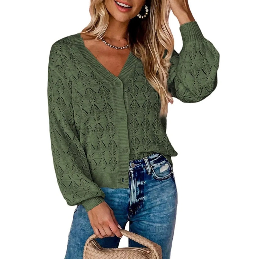 Chic V-Neck Openwork Button-Down Knit Cardigan Green / S Apparel and Accessories