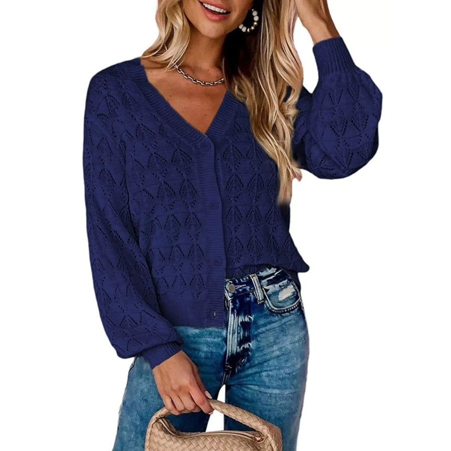 Chic V-Neck Openwork Button-Down Knit Cardigan Navy / S Apparel and Accessories
