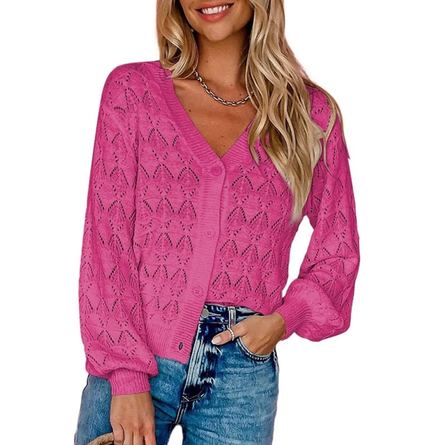 Chic V-Neck Openwork Button-Down Knit Cardigan Red / S Apparel and Accessories