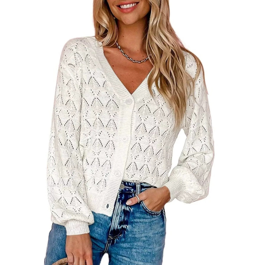 Chic V-Neck Openwork Button-Down Knit Cardigan White / S Apparel and Accessories