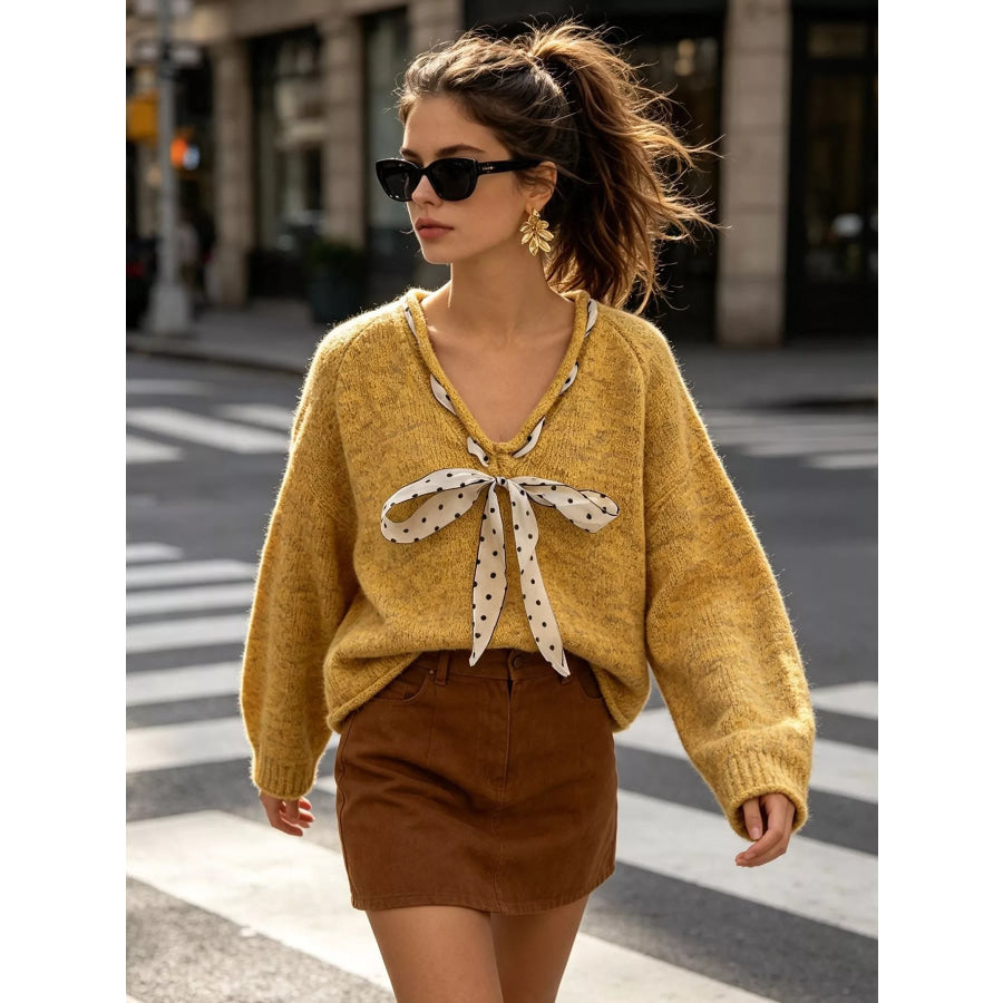 Chic V-Neck Sweater with Polka Dot Ribbon Tie Apparel and Accessories