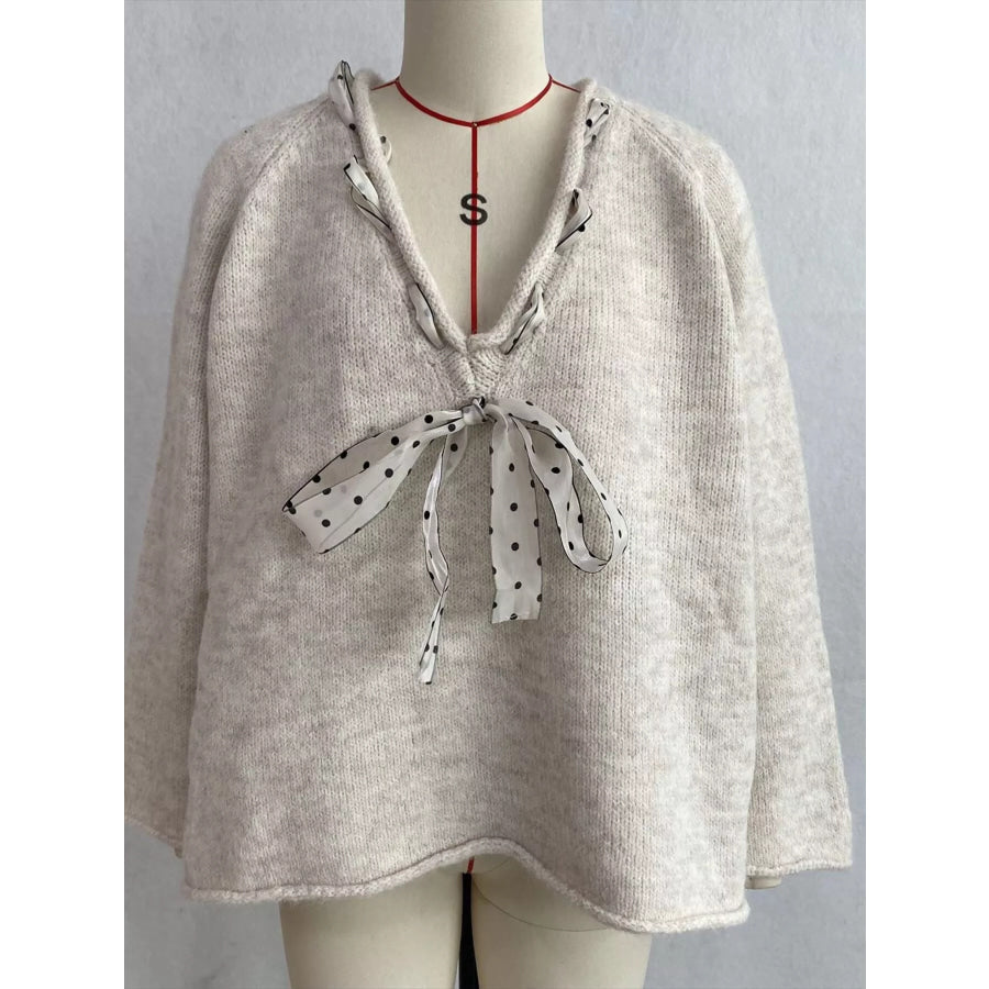 Chic V-Neck Sweater with Polka Dot Ribbon Tie Apparel and Accessories