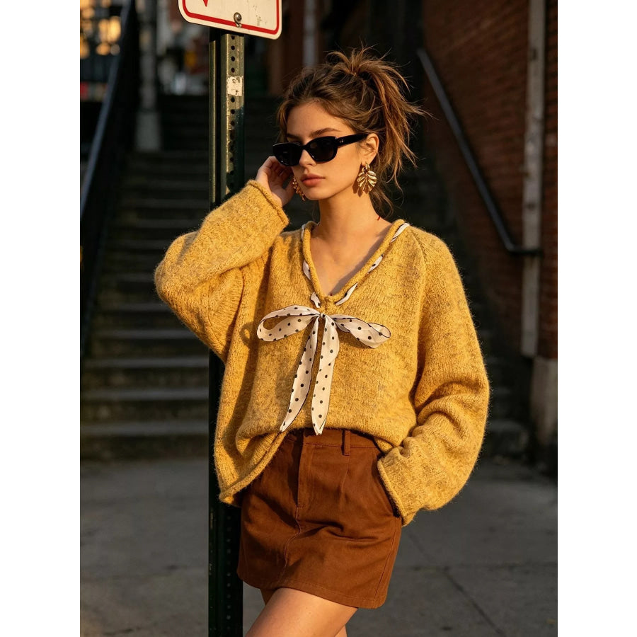 Chic V-Neck Sweater with Polka Dot Ribbon Tie Apparel and Accessories
