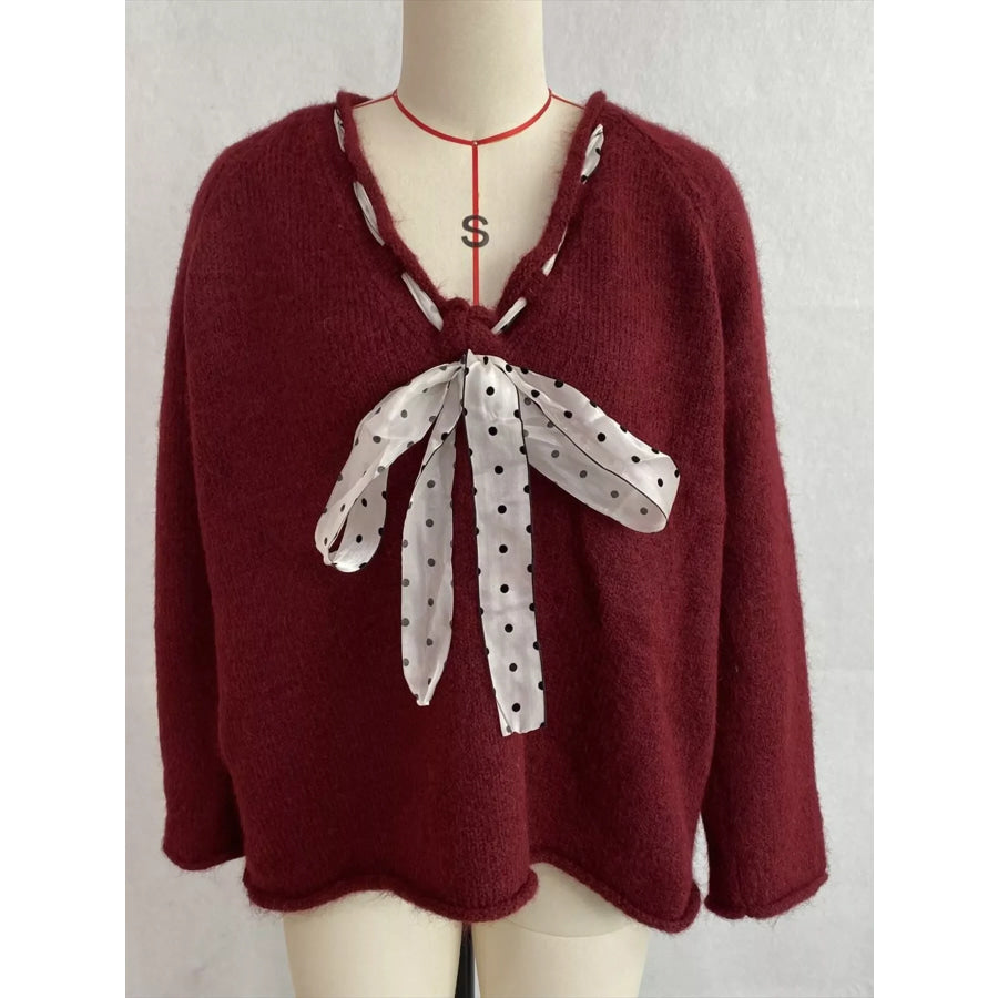 Chic V-Neck Sweater with Polka Dot Ribbon Tie Apparel and Accessories