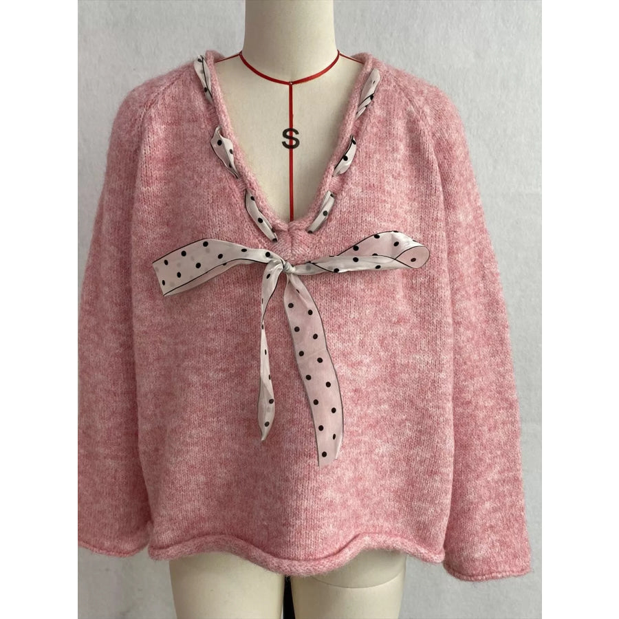 Chic V-Neck Sweater with Polka Dot Ribbon Tie Apparel and Accessories