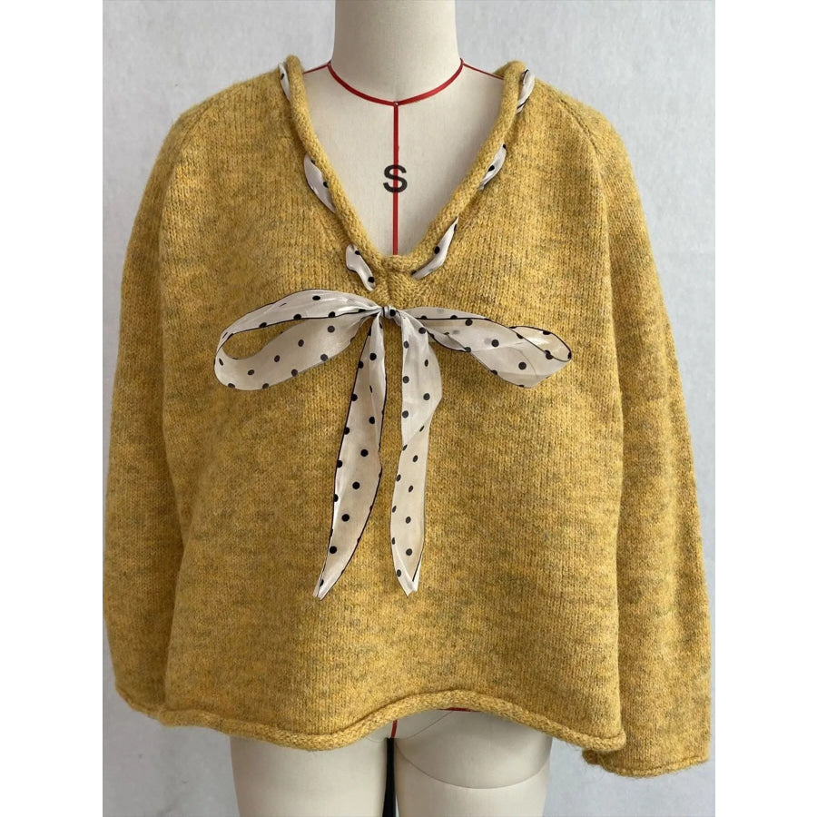 Chic V-Neck Sweater with Polka Dot Ribbon Tie Apparel and Accessories