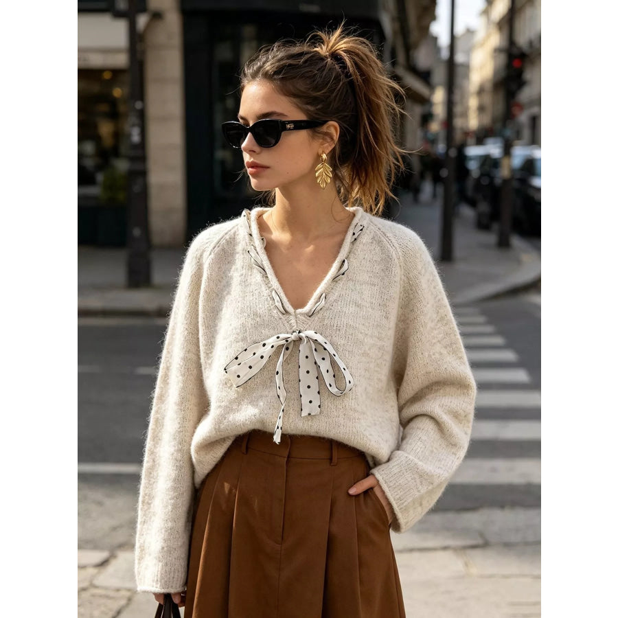 Chic V-Neck Sweater with Polka Dot Ribbon Tie Apparel and Accessories
