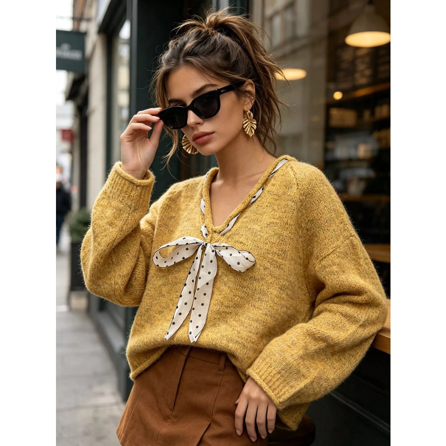 Chic V-Neck Sweater with Polka Dot Ribbon Tie Apparel and Accessories