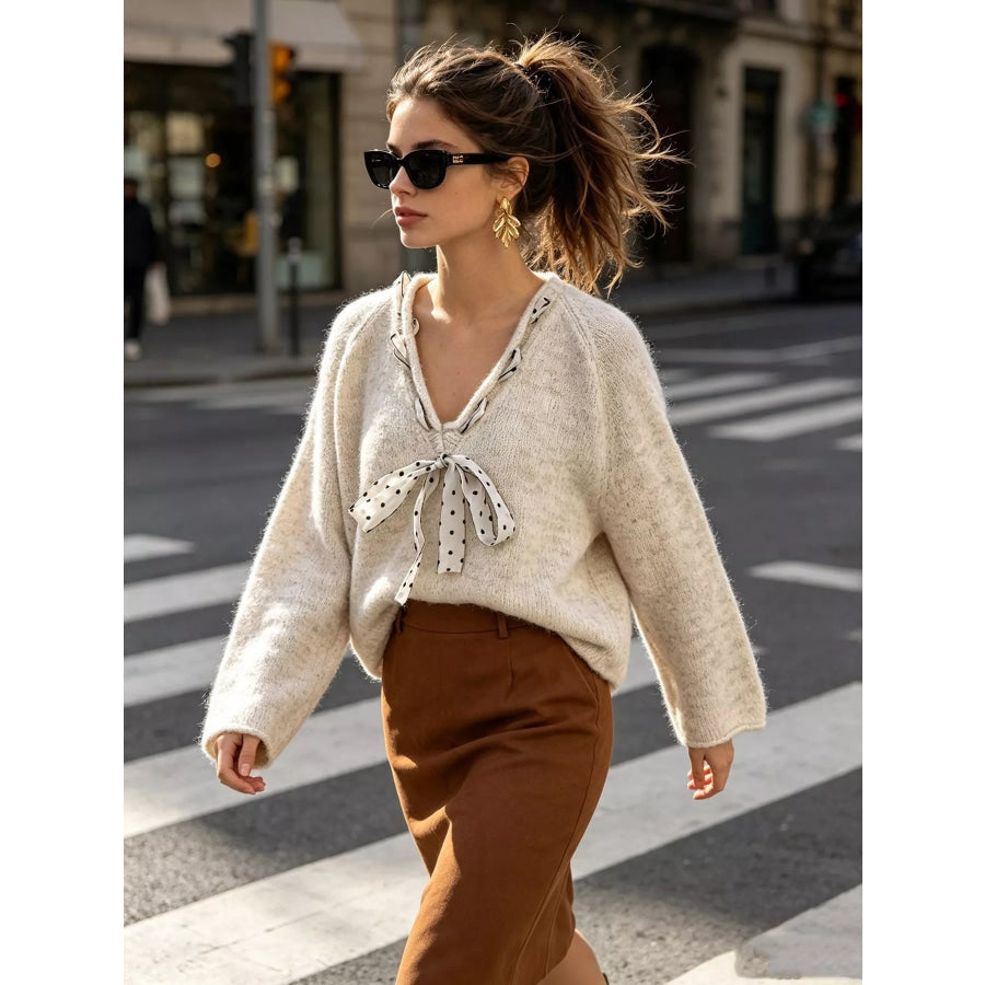 Chic V-Neck Sweater with Polka Dot Ribbon Tie Apparel and Accessories