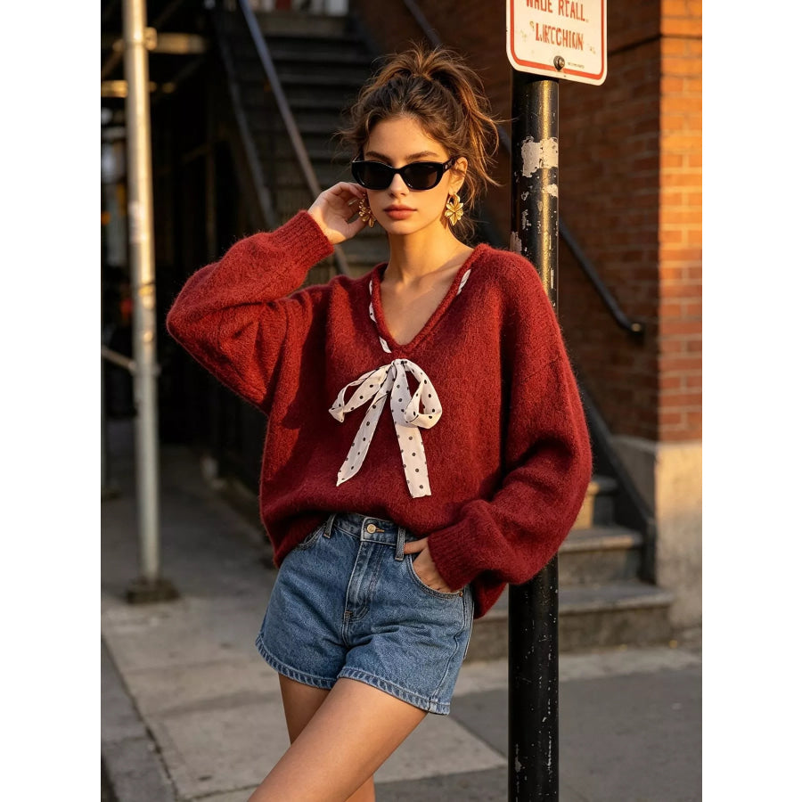 Chic V-Neck Sweater with Polka Dot Ribbon Tie Wine Red / One Size Apparel and Accessories