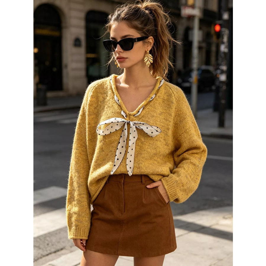 Chic V-Neck Sweater with Polka Dot Ribbon Tie Yellow / One Size Apparel and Accessories