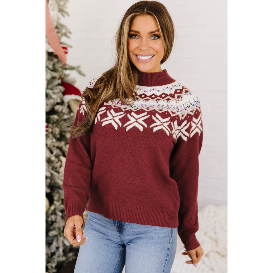 Chicory Coffee Christmas Theme Geometric Pattern Knit Round Neck Shift Sweater Red Dahlia / S / 50% Recycled Polyester + 29% Polyester