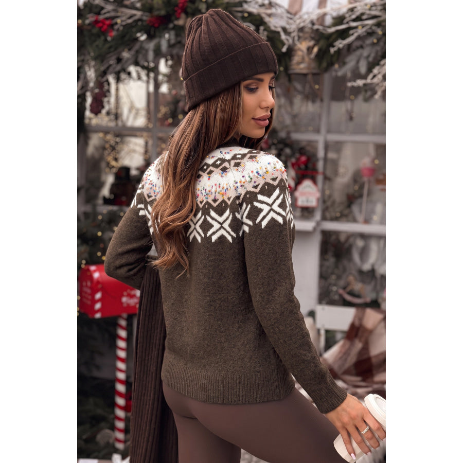 Chicory Coffee Christmas Theme Geometric Pattern Knit Round Neck Shift Sweater / S / 50% Recycled Polyester + 29% Polyester + 17% Polyamide