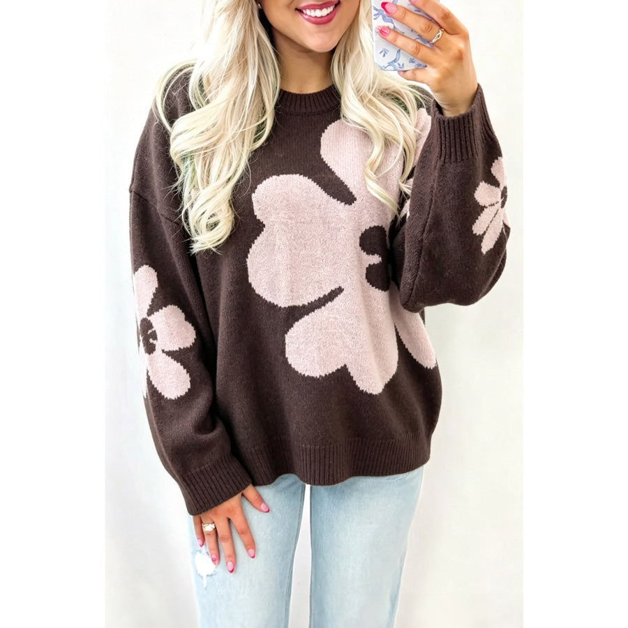 Chicory Coffee Cozy Floral Print Round Neck Dropped Shoulder Casual Sweater Chicory Coffee / S Sweaters & Cardigans/Sweaters