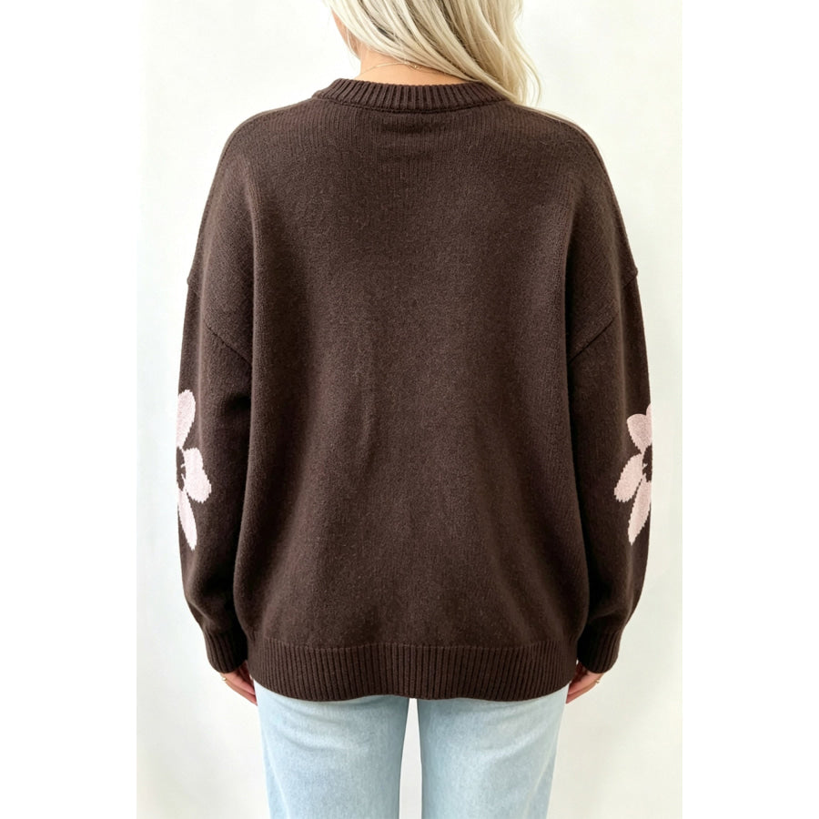 Chicory Coffee Cozy Floral Print Round Neck Dropped Shoulder Casual Sweater Sweaters & Cardigans/Sweaters