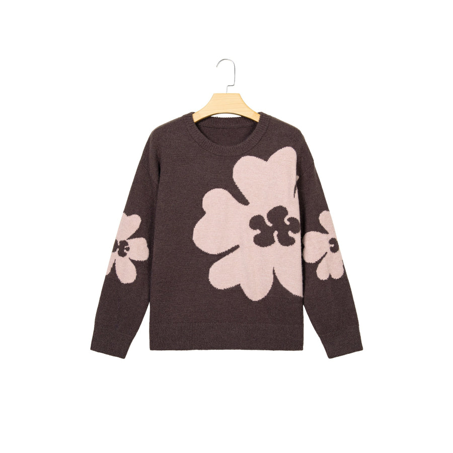 Chicory Coffee Cozy Floral Print Round Neck Dropped Shoulder Casual Sweater Sweaters & Cardigans/Sweaters
