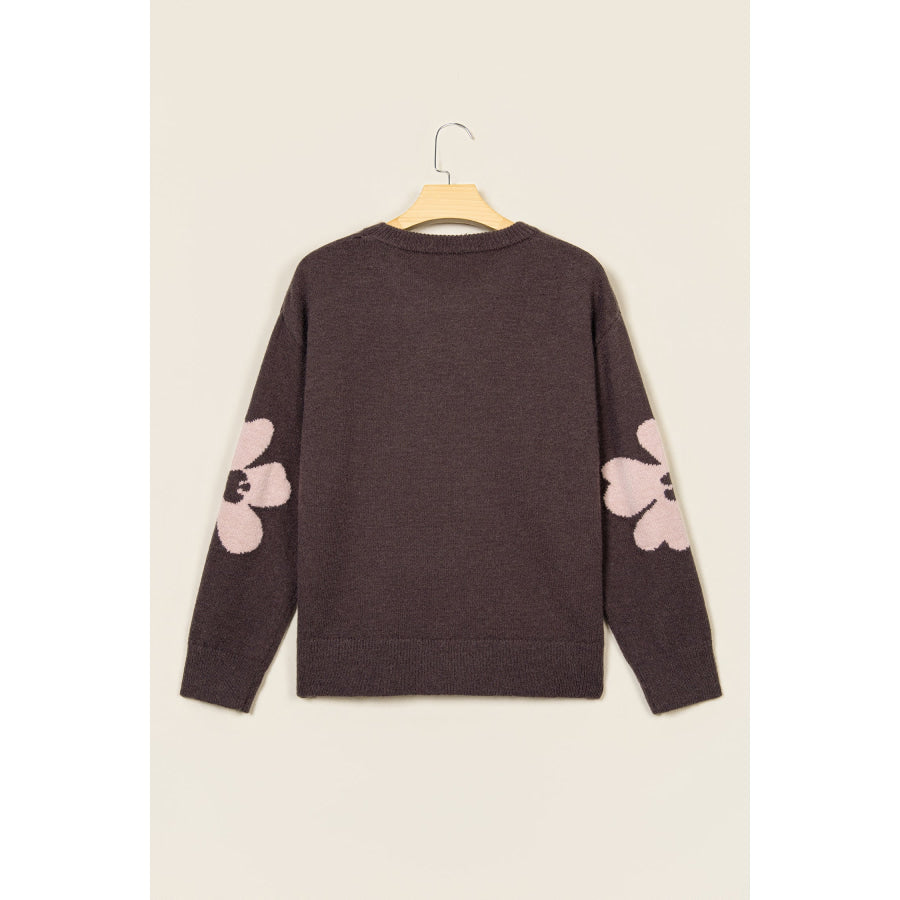 Chicory Coffee Cozy Floral Print Round Neck Dropped Shoulder Casual Sweater Sweaters & Cardigans/Sweaters
