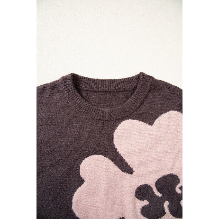Chicory Coffee Cozy Floral Print Round Neck Dropped Shoulder Casual Sweater Sweaters & Cardigans/Sweaters