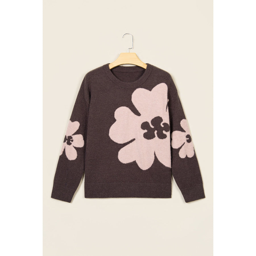 Chicory Coffee Cozy Floral Print Round Neck Dropped Shoulder Casual Sweater Sweaters & Cardigans/Sweaters