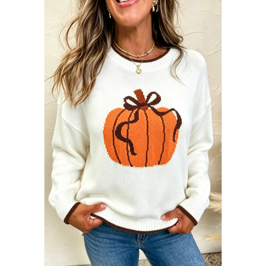 Chicory Coffee Fall Pumpkin Pattern Casual Pullover Sweater / S Sweaters & Cardigans/Sweaters