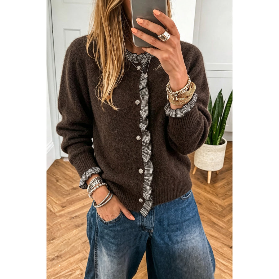 Chicory Coffee Plaid Ruffle Trim Patchwork Button Sweater Cardigan / S Sweaters & Cardigans/Cardigans