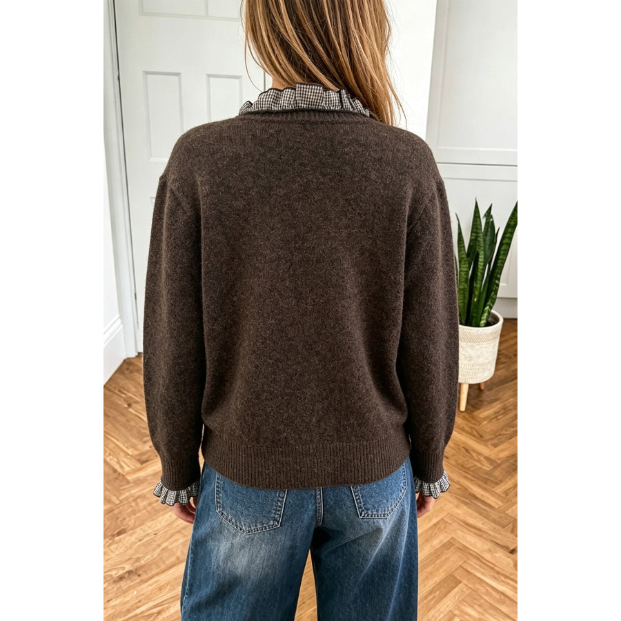 Chicory Coffee Plaid Ruffle Trim Patchwork Button Sweater Cardigan Sweaters & Cardigans/Cardigans