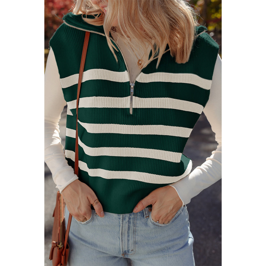 Chicory Coffee Ribbed Half Zip Collared Sweater Vest Blackish Green / S / 52% Viscose + 26% Polyester + 22% Polyamide Sweaters &